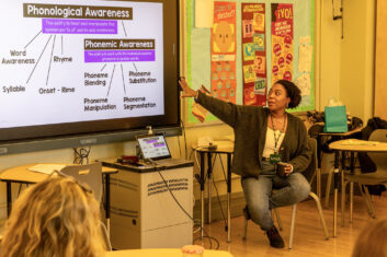 Lower school head teacher Keturah W-H leading a workshop on supporting students with learning disabilities through phonemic awareness and phonics.